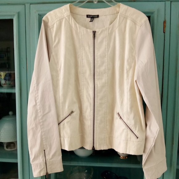 EILEEN FISHER Mix Media Jacquard Jacket in Ivory & Dove Gray NWOT Size LARGE - Picture 7 of 8